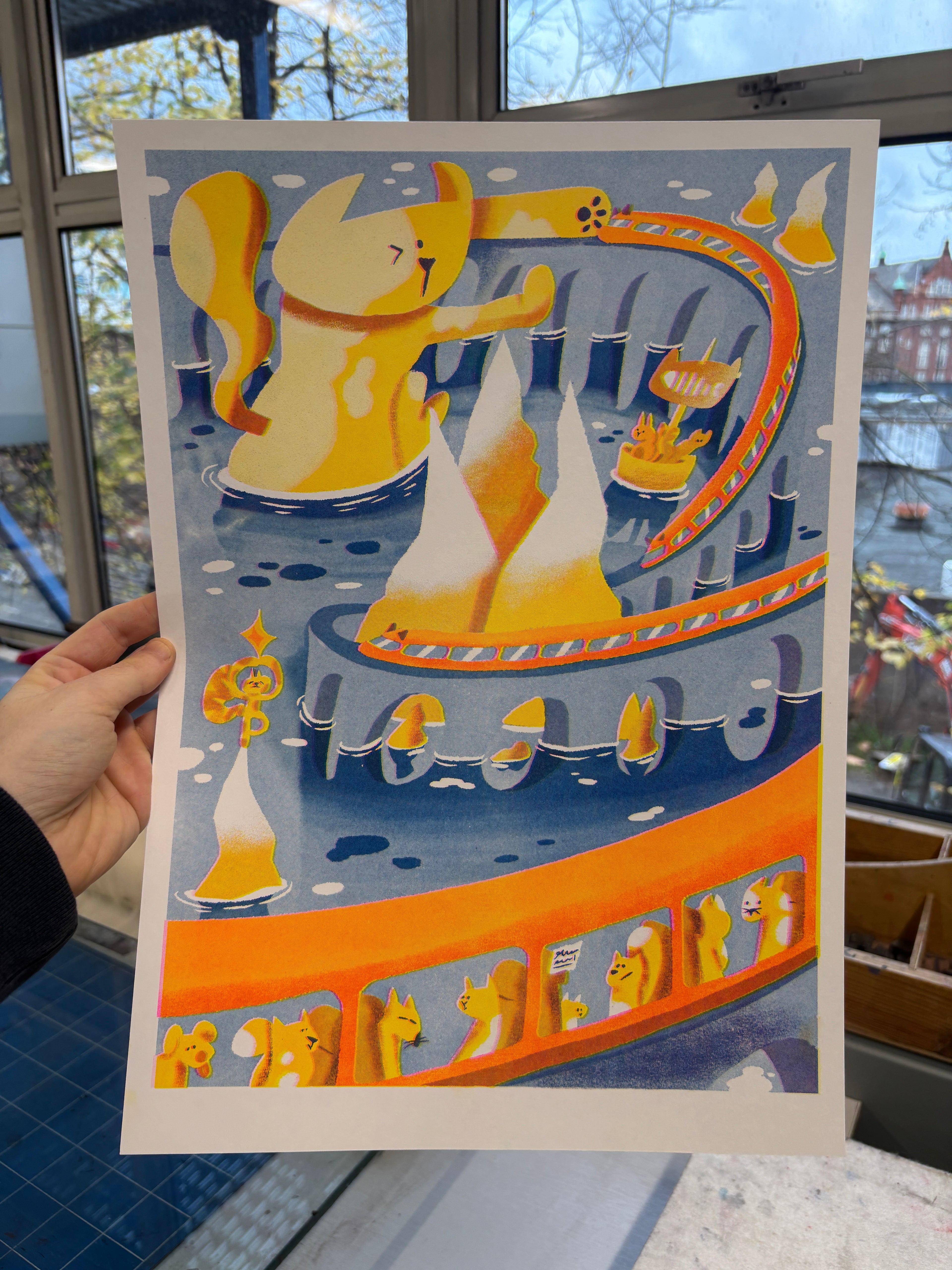 Kitty Train Riso Print
